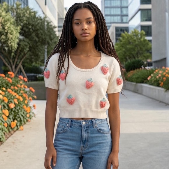 Luna Ivy Sweaters - Luna Ivy Cream Strawberry 3D‎ Embroidered SS Cropped Knit Sweater M